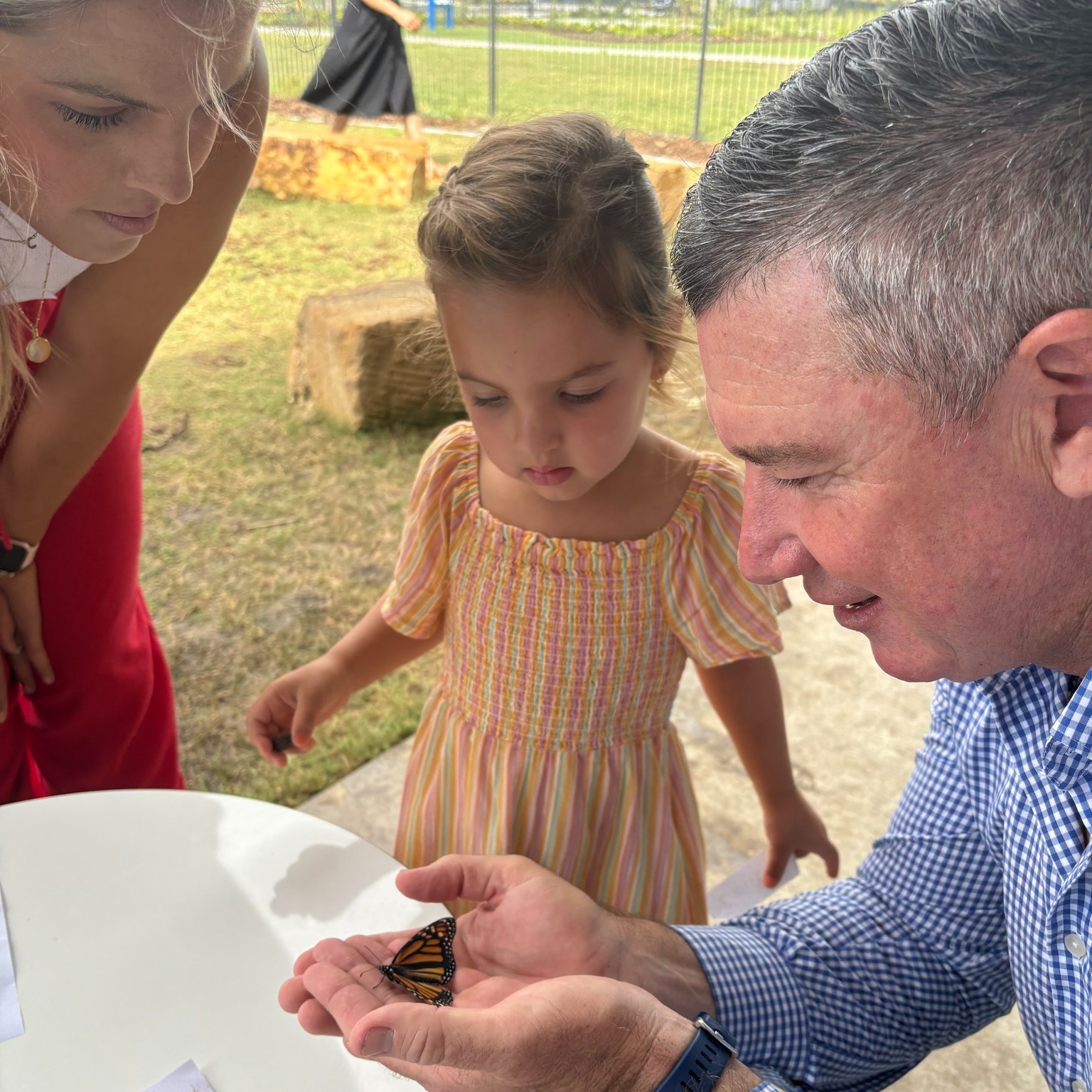 A butterfly being carefully held by an adult while children observe during an outdoor learning activity.